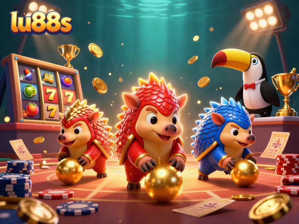 Experience thrilling slot gameplay with lu88s as cartoon pangolins battle amidst golden trophies and sparkling coins
