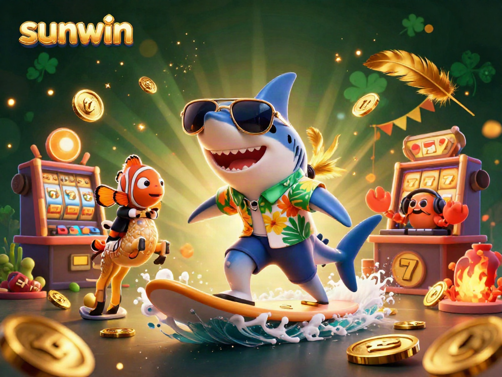 Win big with sunwin: cartoon shark surfing gold coins surrounded by slot machines in vibrant casino scene.