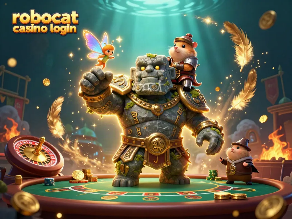 Experience thrilling moments with robocat casino login amidst a vibrant 3D casino scene.
