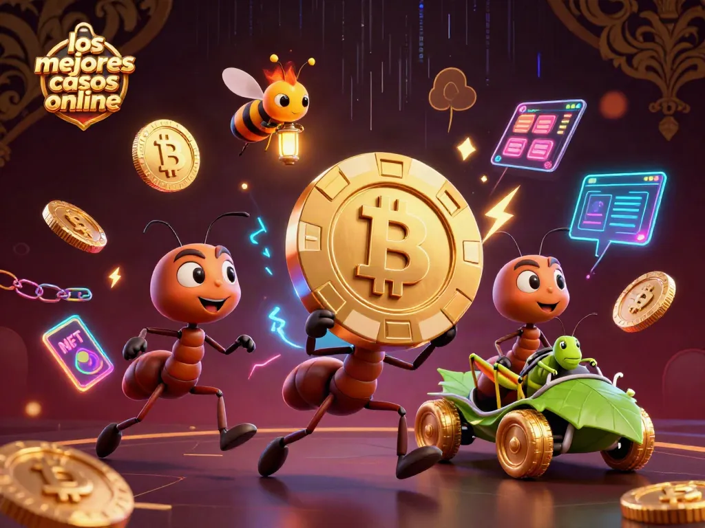 Los mejores casinos online ilustrados con un equipo de hormigas y elementos de juego brillantes.