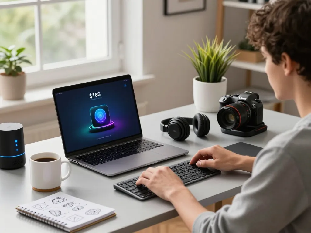Explore cool tech gadgets under $166 on a modern workspace featuring innovative devices, a laptop, and accessories.