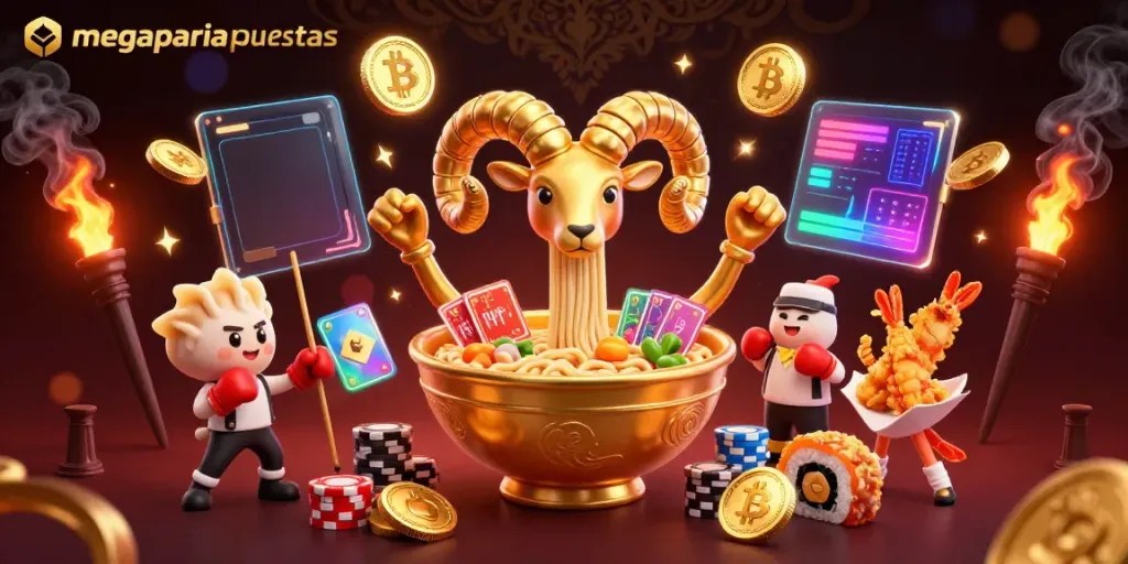 La app de megapariapuestas presenta una escena animada de apuestas con elementos de casino vibrantes y coloridos.