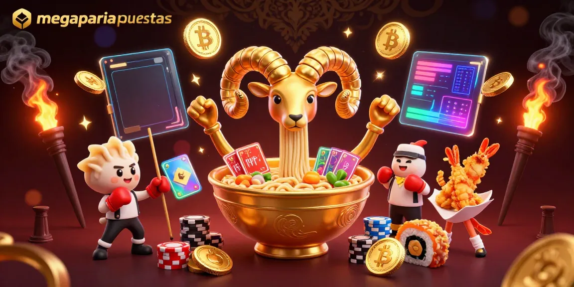 La app de megapariapuestas presenta una escena animada de apuestas con elementos de casino vibrantes y coloridos.