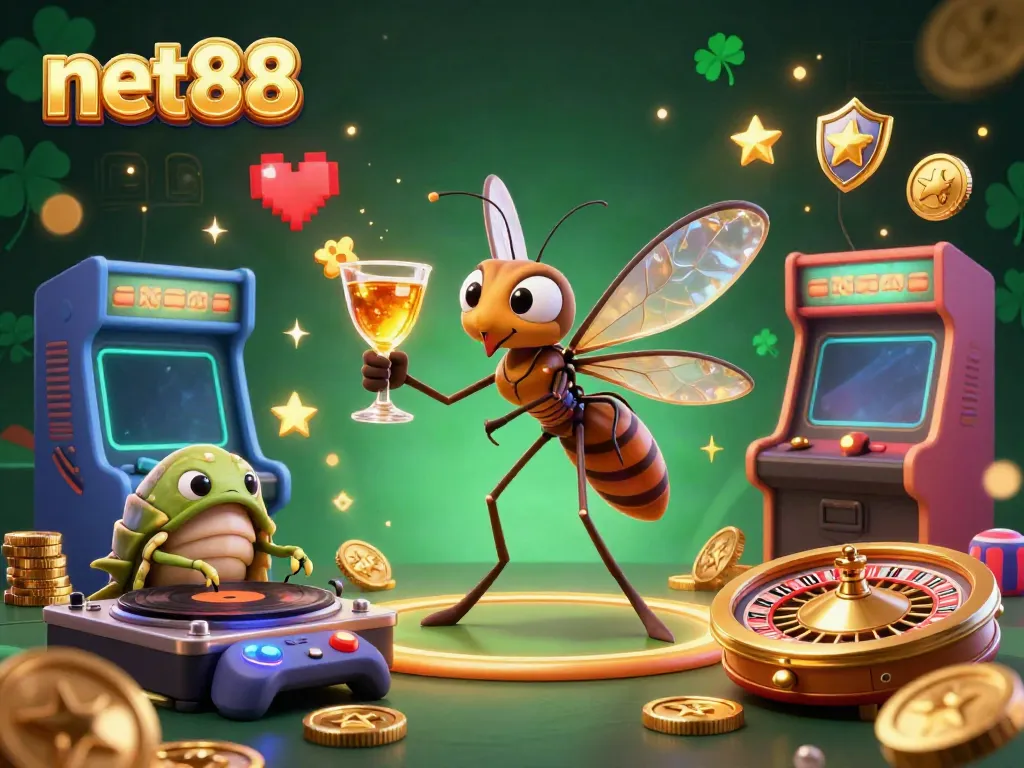 Experience thrilling bets at net88 with vibrant casino artwork featuring unique characters and iconic gaming elements.