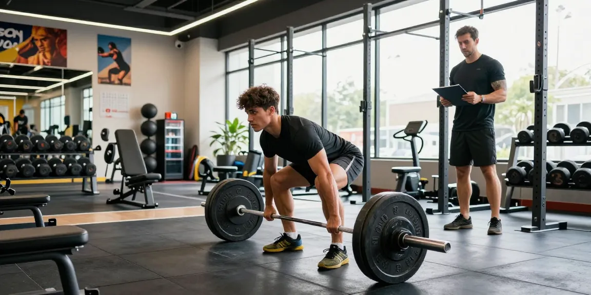 Entrenador y atleta en Esteroidesshop realizando levantamiento de pesas en un gimnasio moderno.