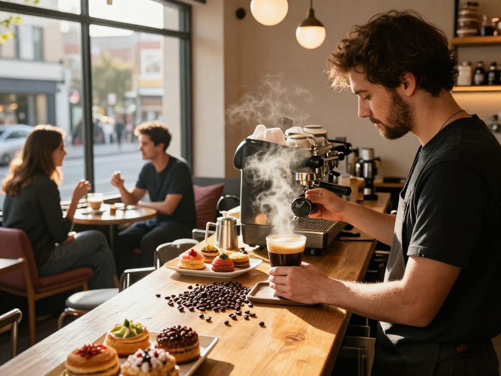 rokok88 coffee preparation scene with barista at work in a cozy coffee shop atmosphere