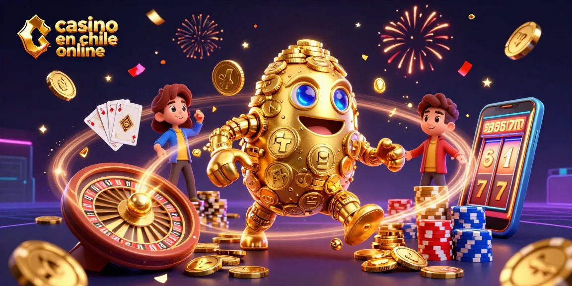 Casino en Chile online, gran golem dorado gira entre monedas y juegos de cartas, uniendo diversión y emoción.