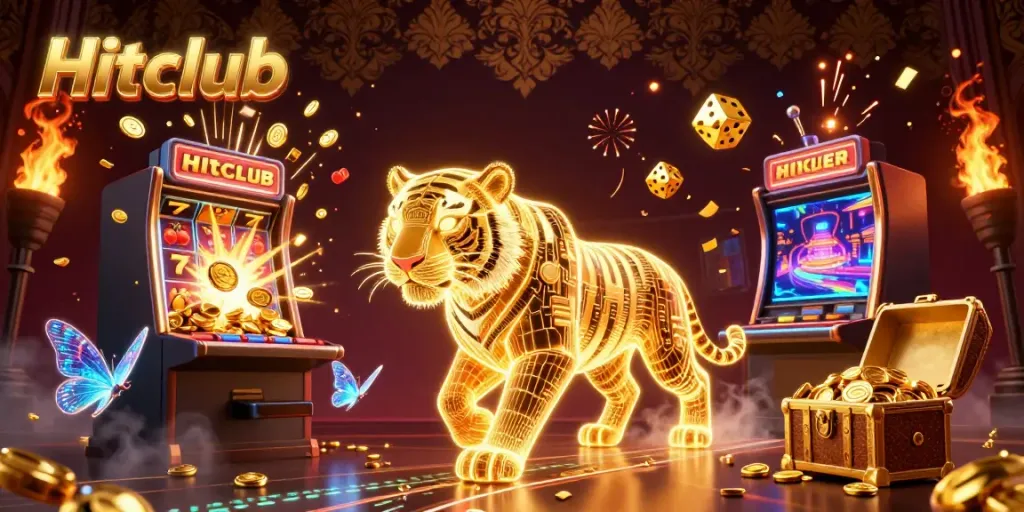 Hitclub showcasing an exciting 3D casino scene with a golden tiger and jackpot bursting references.