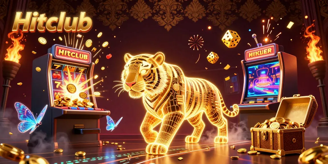 Hitclub showcasing an exciting 3D casino scene with a golden tiger and jackpot bursting references.