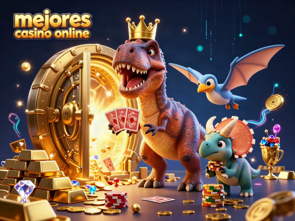Imágenes de tragamonedas y fichas doradas en mejores casino online con dinosaurios animados.