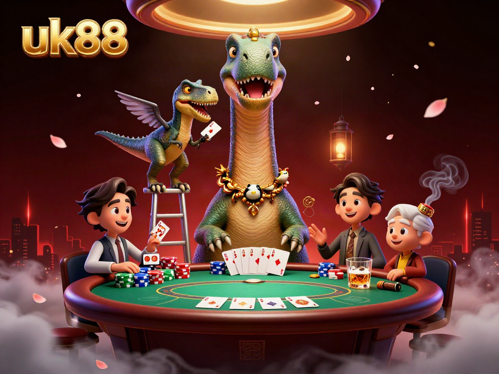 Engage with the dynamic uk88 casino scene featuring a towering brontosaurus and raptor dealer.