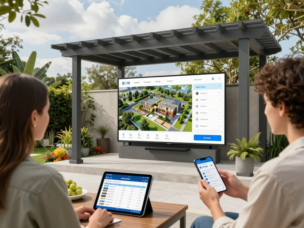 Configurador de pérgolas 3D que muestra personalización y precios en tiempo real en un vibrante jardín exterior.