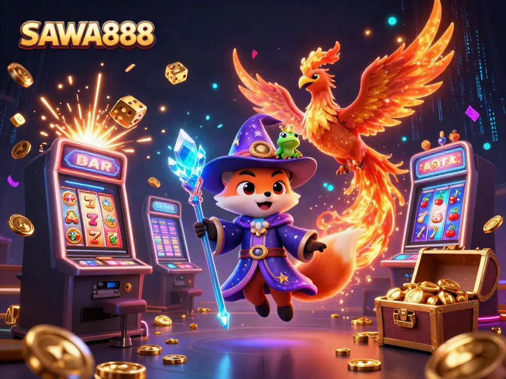 Experience the enchanting world of SAWA888 with a mystical wizard fox, phoenix, and treasure-filled slot machines.