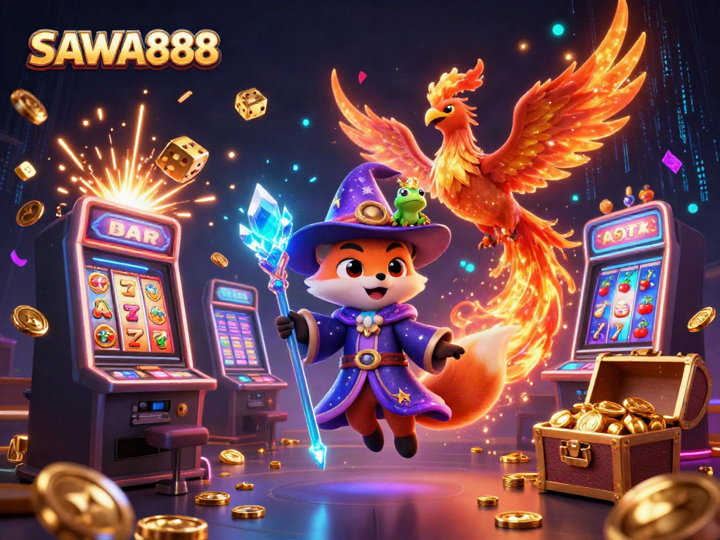 Experience the enchanting world of SAWA888 with a mystical wizard fox, phoenix, and treasure-filled slot machines.