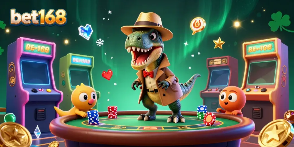 Experience exciting card games at bet168 with a whimsical velociraptor playing blackjack in a colorful casino setting.