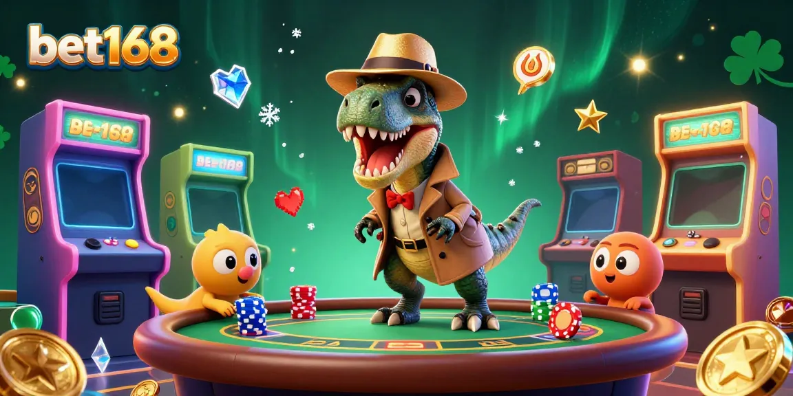 Experience exciting card games at bet168 with a whimsical velociraptor playing blackjack in a colorful casino setting.