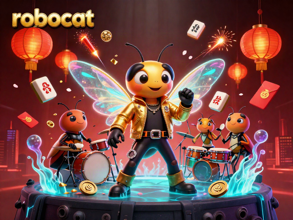 Experience the vibrancy of robocat in this casino scene, showcasing a rock star and lively characters amid dynamic gambling elements.