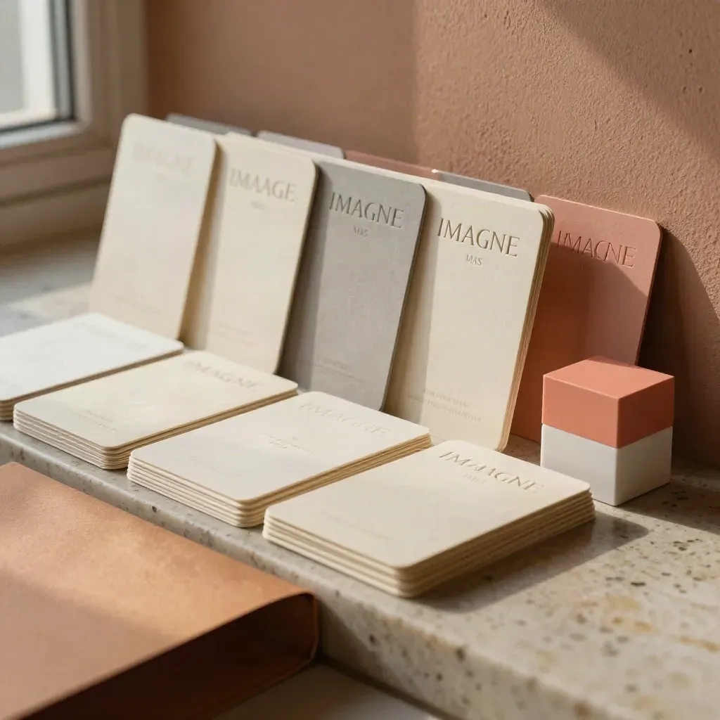 Tarjetas de identidad de marca en relieve con una muestra coral sobre piedra clara.