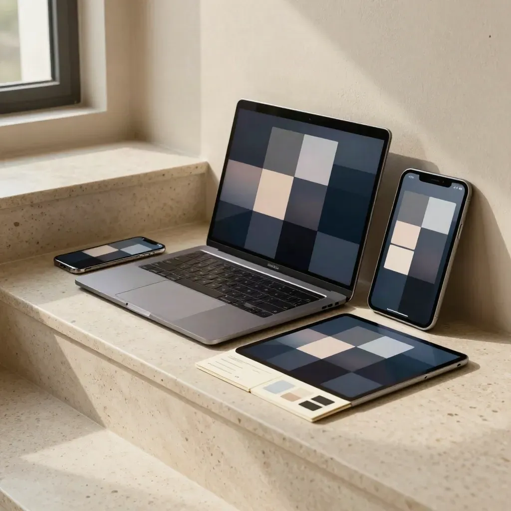 Portátil, móvil y tableta con diseño responsive abstracto sobre travertino, luz suave.