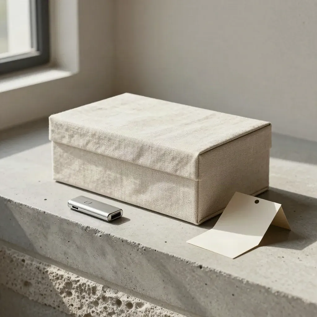 Caja de lino con USB metálico y tarjeta invertida sobre estante de piedra.