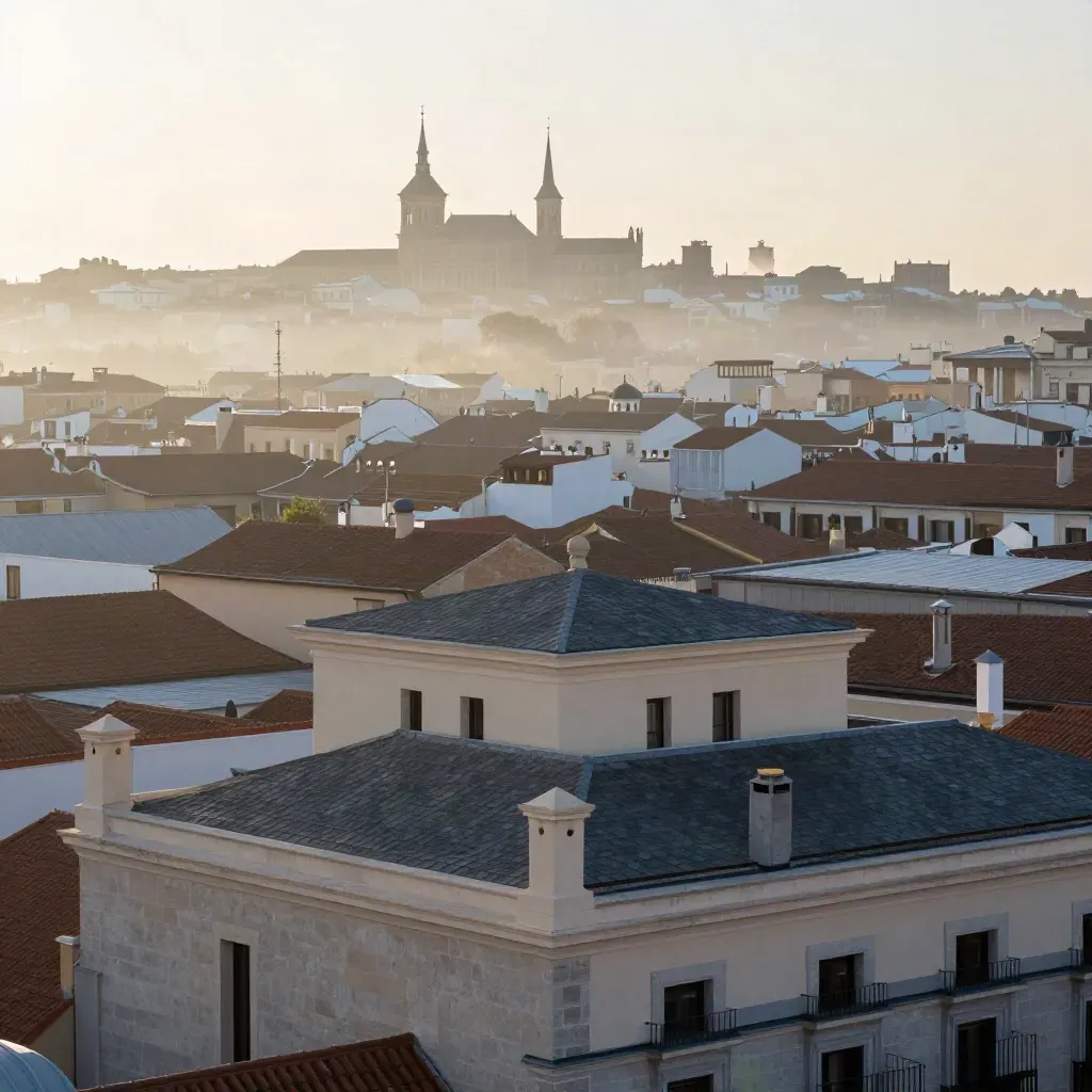 Panorámica de Madrid al amanecer con niebla suave y tejados bajos.