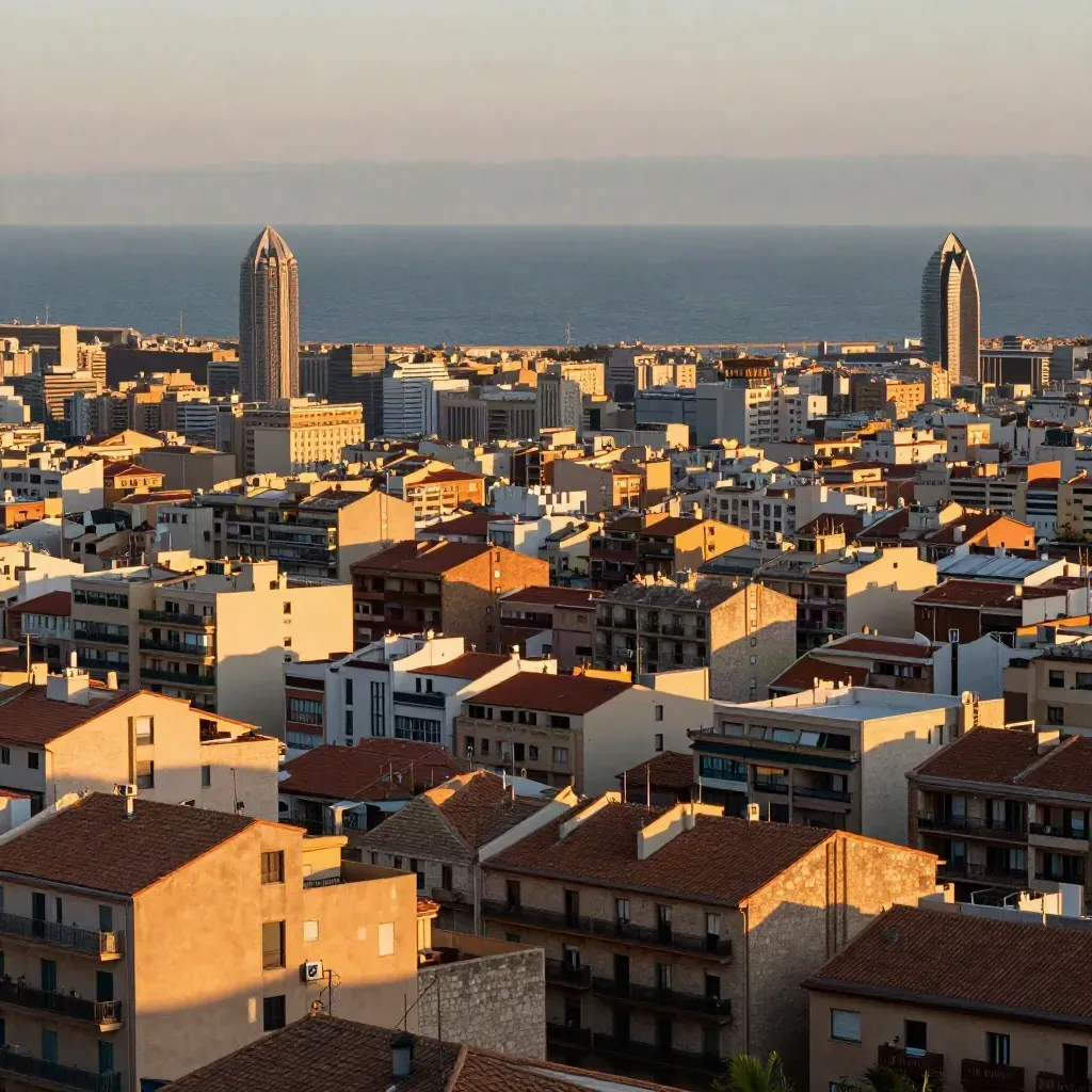 Barcelona y su costa en luz dorada, con el mar en calma y la ciudad alta entre bruma.
