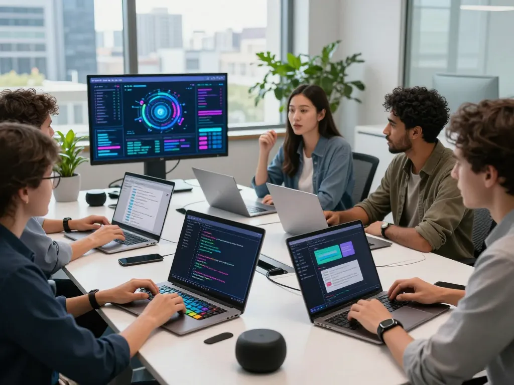 Collaborative tech workspace illustrating spicy ai development with diverse teams engaged in innovative chatbot design.