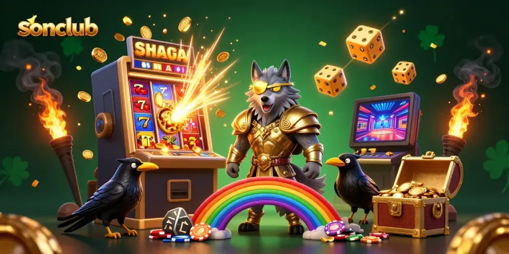 Experience the excitement of sonclub with a dynamic 3D casino illustration featuring mythological characters and gaming elements.