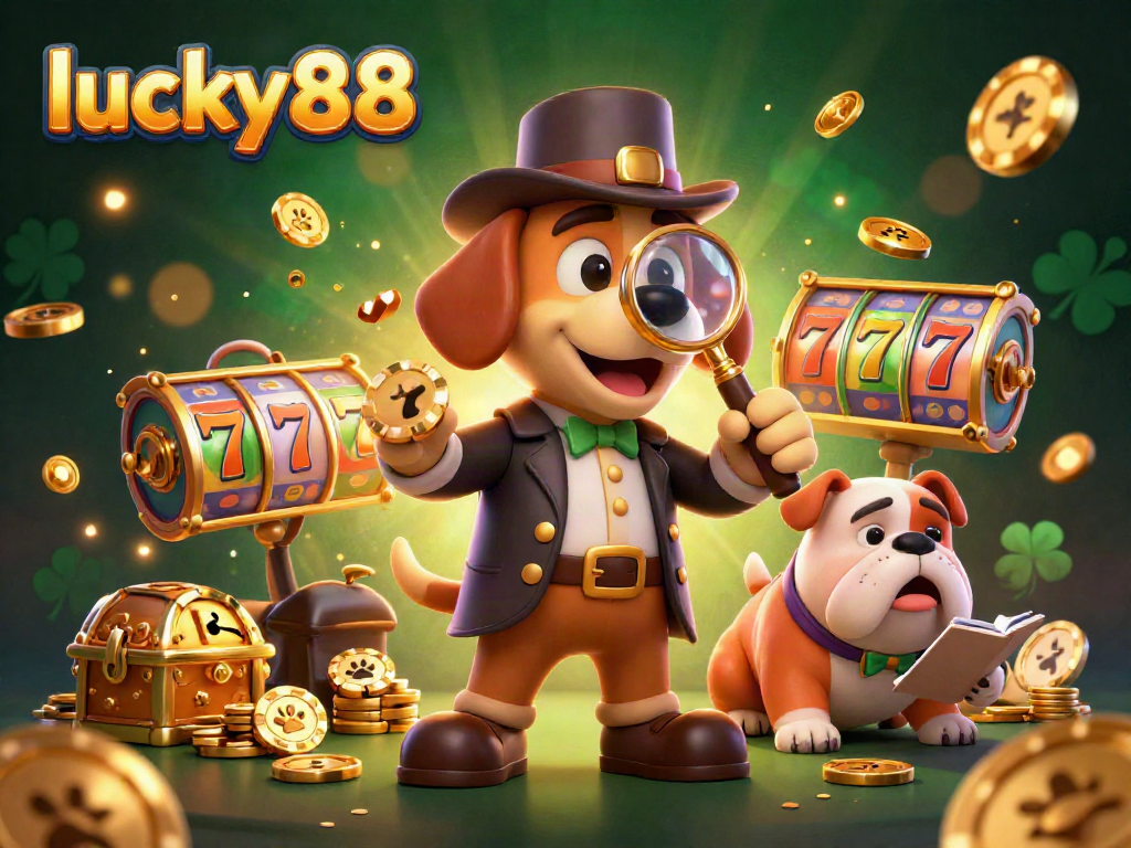 Experience the excitement at lucky88 with a cartoon detective and his bulldog uncovered gold poker chips amid slot machines.