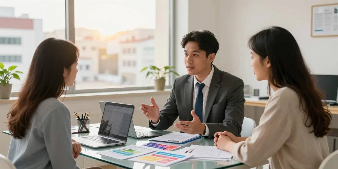 Consultation on préstamo hipotecario options with couple in modern office setting.