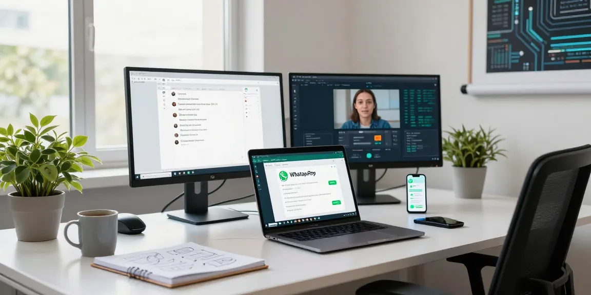 Professional workspace using WhatsApp電腦版 on a laptop with chat and video interfaces, bright office setting.
