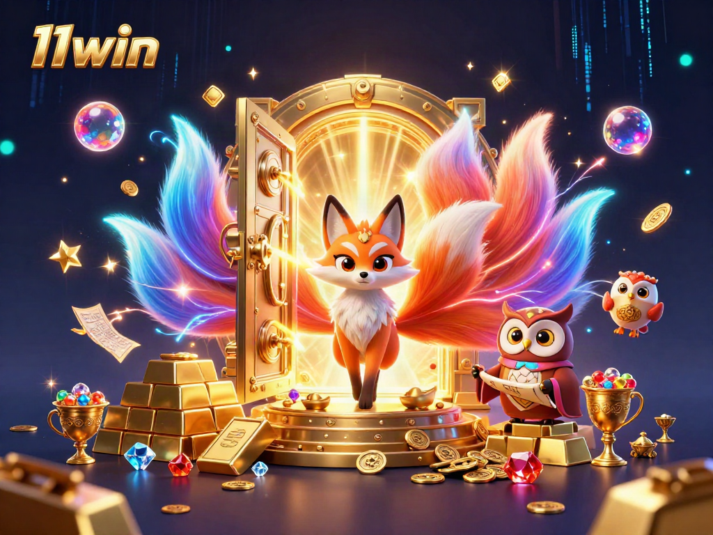 Engage with the colorful 11win experience featuring a mystical nine-tailed fox and gold treasures in a vibrant casino scene.
