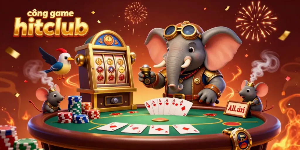Explore the vibrant world of cổng game hitclub with a steampunk elephant operating a golden slot machine amidst colorful poker elements.
