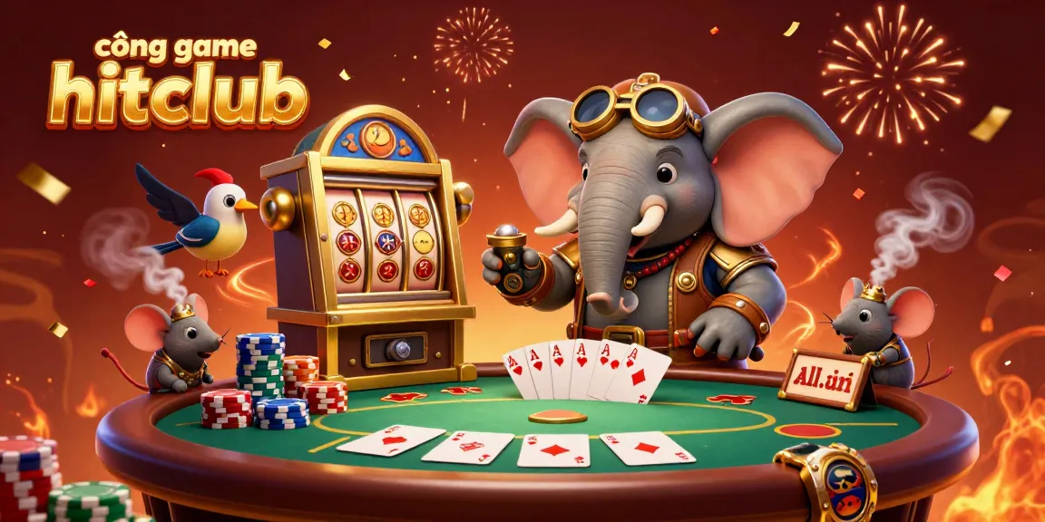 Explore the vibrant world of cổng game hitclub with a steampunk elephant operating a golden slot machine amidst colorful poker elements.