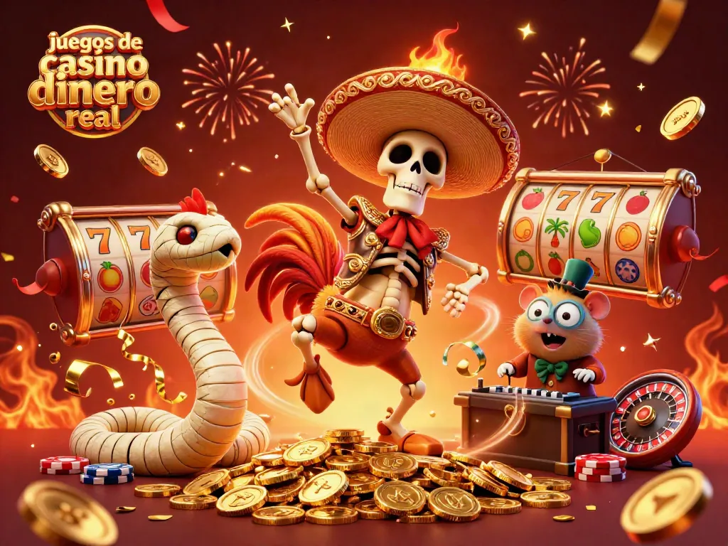 Disfruta de juegos de casino dinero real con personajes vibrantes en una escena dinámica y festiva.