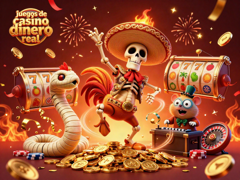 Disfruta de juegos de casino dinero real con personajes vibrantes en una escena dinámica y festiva.