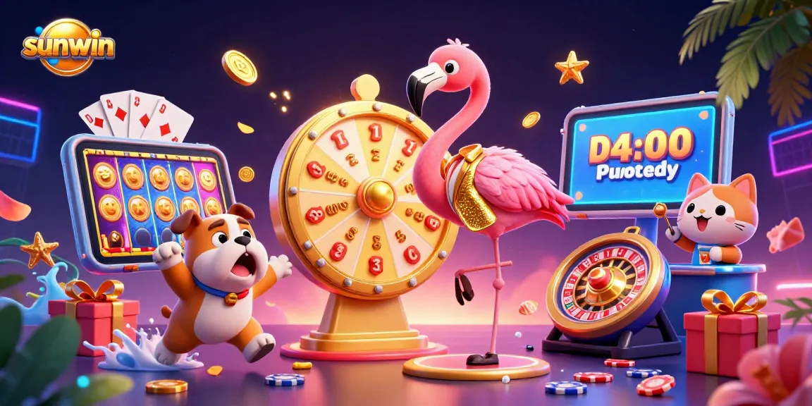 Experience sunwin excitement with a vibrant casino scene showcasing a game show host, bulldog contestant, and prize reveals.