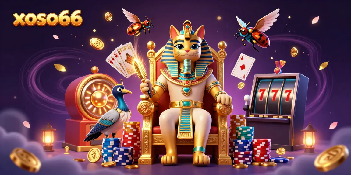 Engage with xoso66's vibrant casino scene featuring an Egyptian pharaoh cat and a scribe, surrounded by colorful gaming elements.