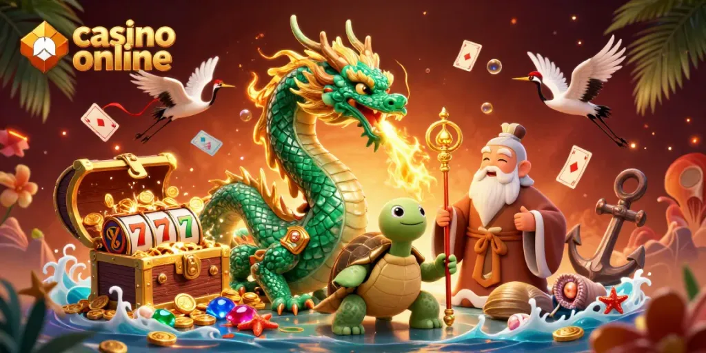 Ilustra acción vibrante en casino online resaltando dragón y fortuna con elementos de juego.