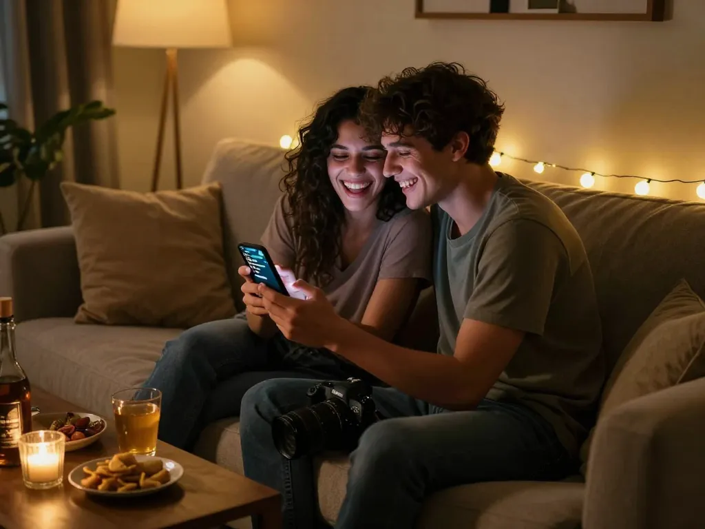 Couple enjoying an NSFW chat in a cozy atmosphere, sharing laughs and intimacy.