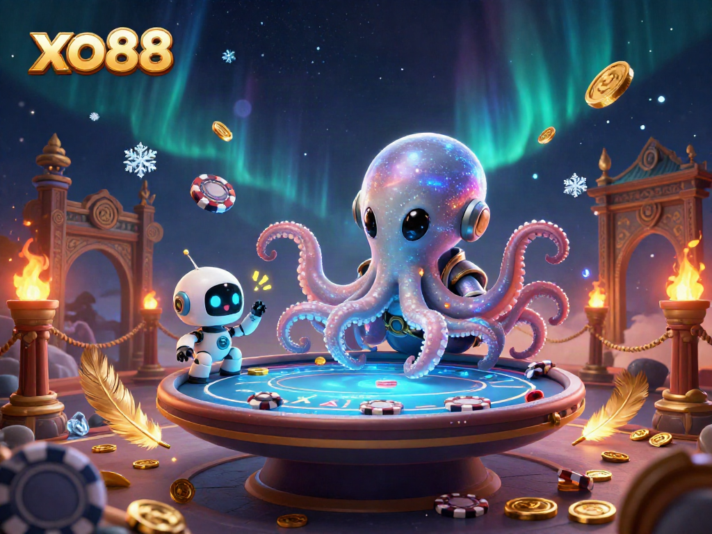 Experience thrilling gaming action at xo88 with an alien octopus dealing at a holographic poker table.