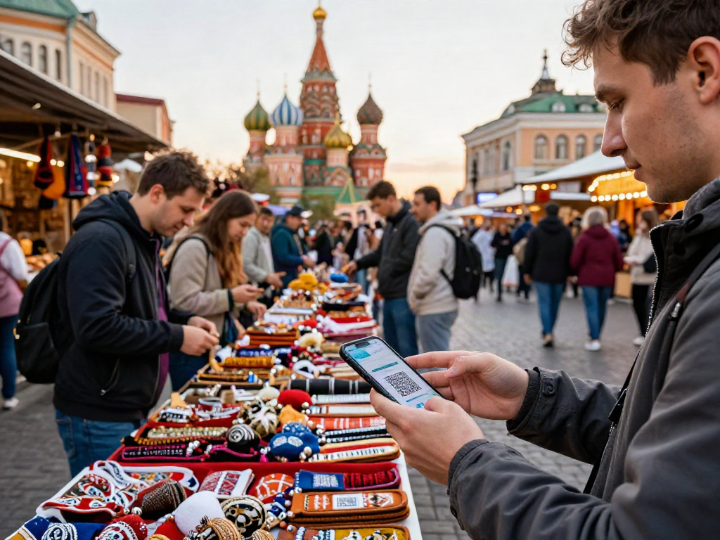 Pago en Rusia con https://payinrussia.com/ en un mercado, persona usando una app móvil.