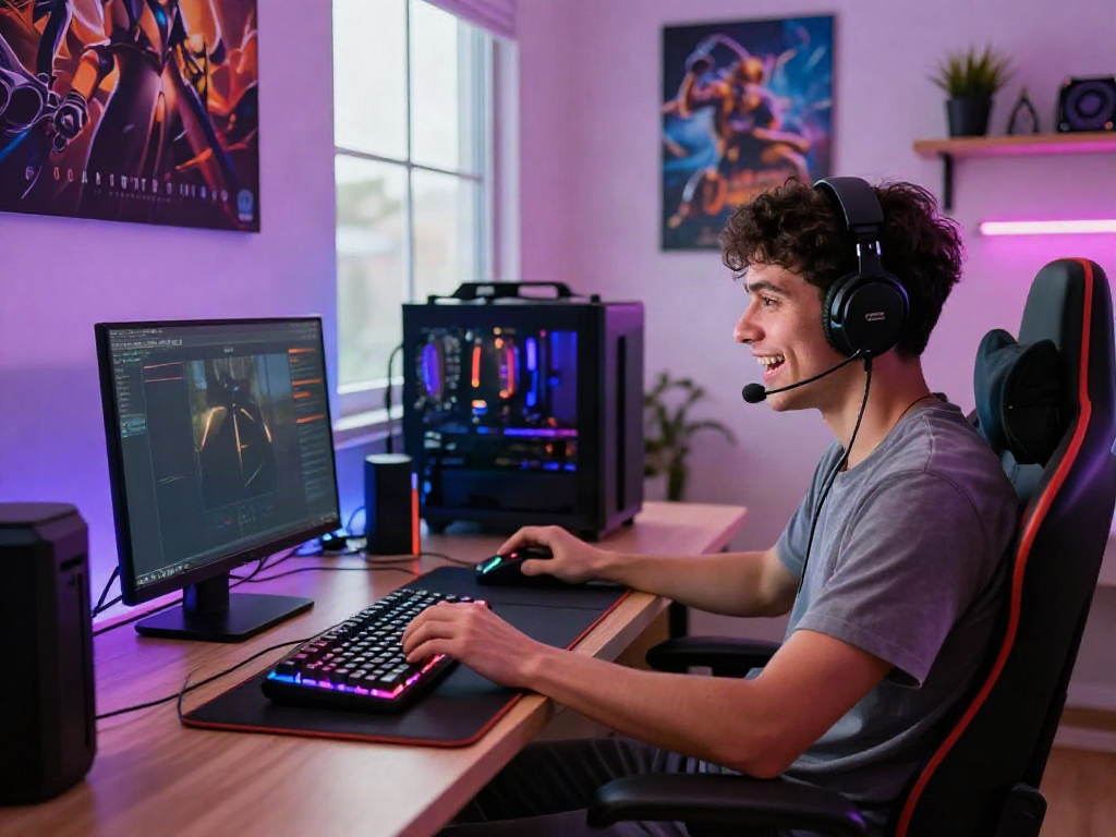 Engaged gamer at laptop on https://gem88.bz/ surrounded by gaming gear and vibrant decor.