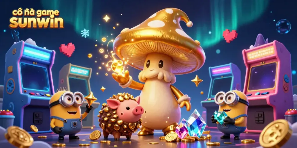 Experience the excitement at cổng game sunwin with vibrant characters and game elements in a magical setting.