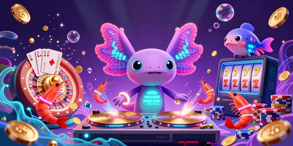 Engage in thrilling gameplay at the sun-themed casino with vibrant characters like the axolotl DJ.