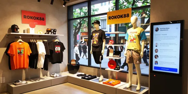 Exclusive ROKOK88 merchandise displayed in a modern retail space, featuring stylish apparel and accessories.