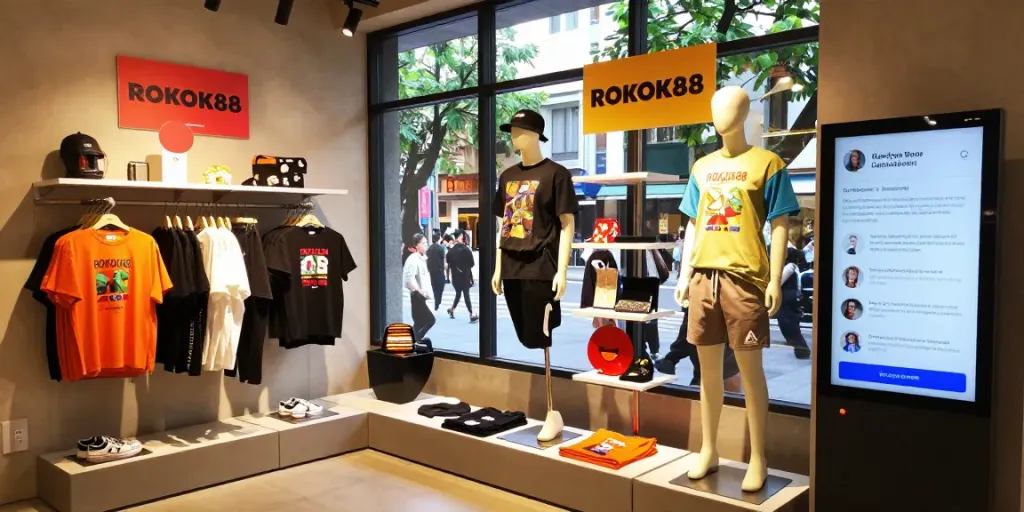 Exclusive ROKOK88 merchandise displayed in a modern retail space, featuring stylish apparel and accessories.