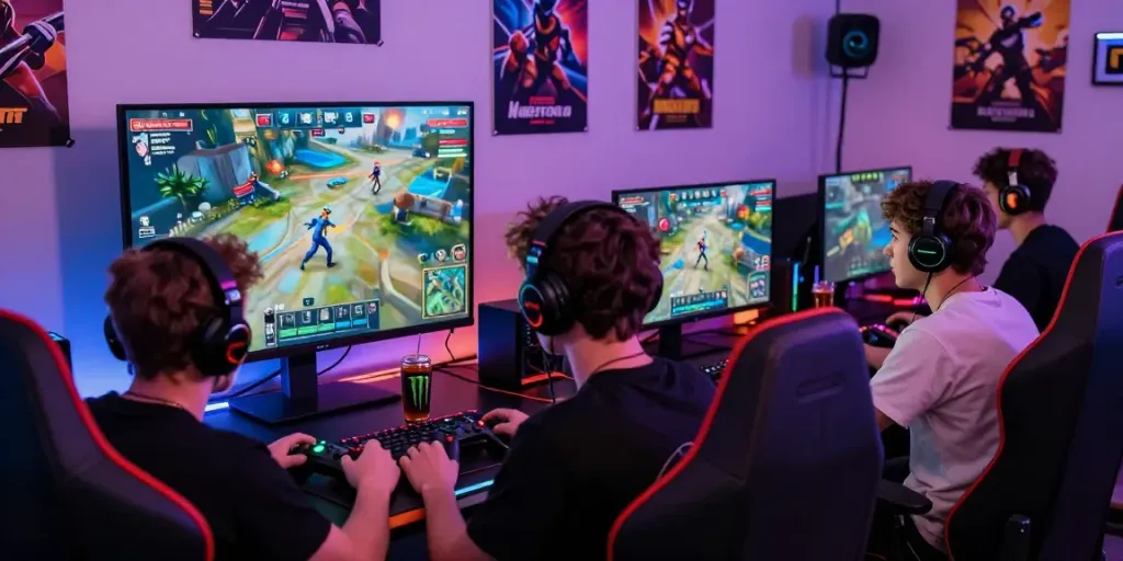 Grupo de jugadores disfrutando en phuwerte-inwersowia.com, rodeados de luces LED y artículos de videojuegos.