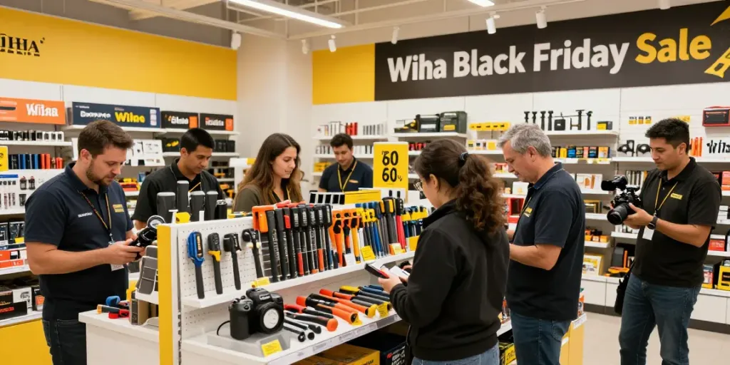 Ofertas del Black Friday Wiha en tienda con herramientas y clientes.