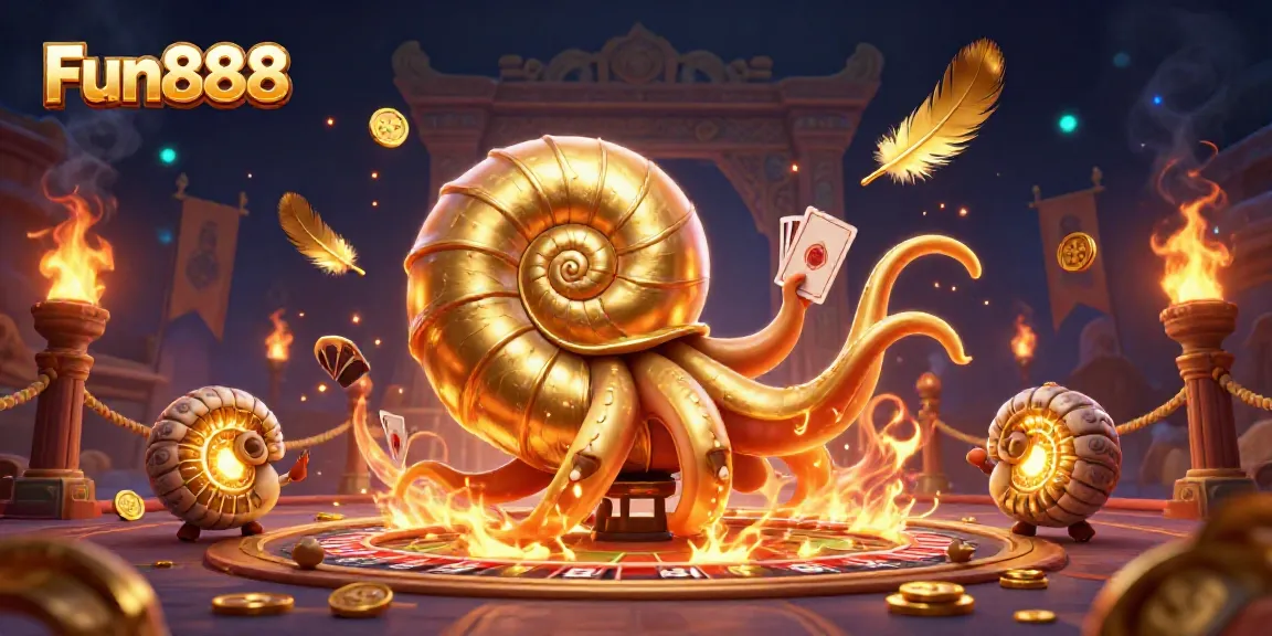 Engage in exciting gaming with Fun888 at a vibrant casino scene featuring a giant nautilus roulette wheel.